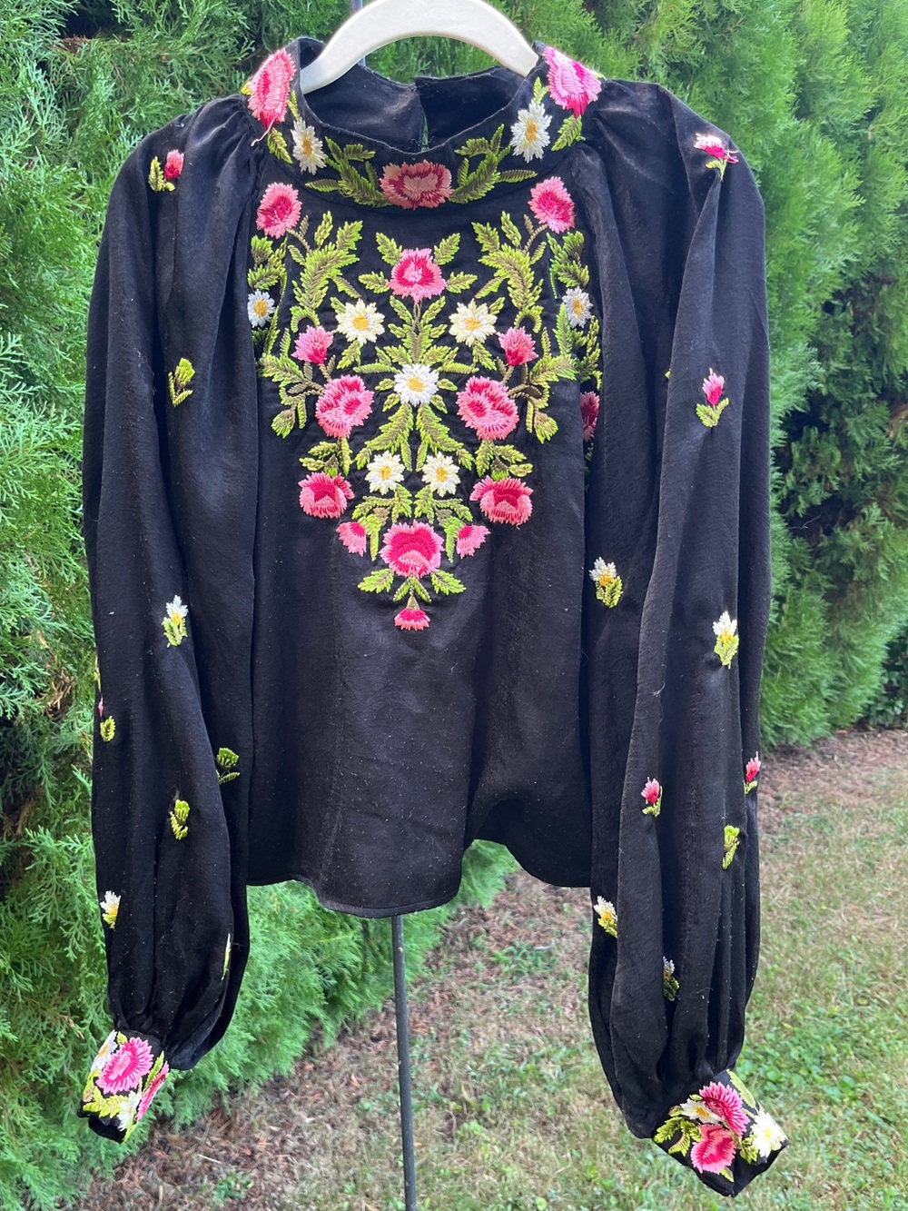 Free People Amazing Black Blouse with Pink and White Floral Embroidery